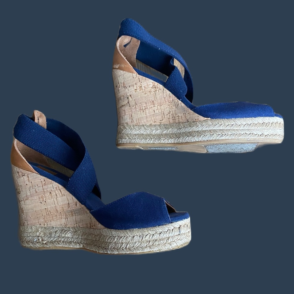 Tory Burch navy canvas wedge size 8